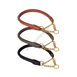 Ace Rolled super SOFT Half Check Leather Dog Collar ::BRASS CHAIN:: (Black, Brown, Tan)
